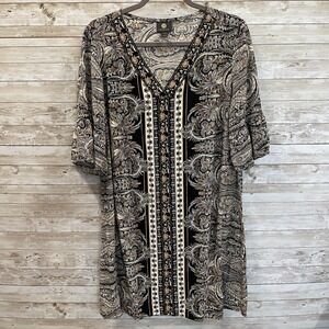 JM Collection Womens L Shift Dress Yellow Black Paisley Floral Flared 1/2 Sleeve